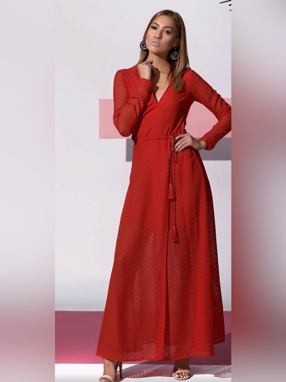 H&M Crimson Red Long Sleeve Maxi Dress with Tassel Tie